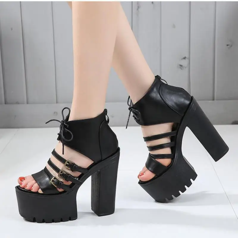 

14cm High Heel Sandals Female 2019 Summer New Peep Toe Sexy Night Club Model Walking Shoe White Black Platform Gladiator Sandals