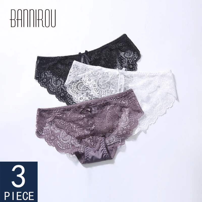 

3 Pcs Woman Lace Sexy Briefs Underwear For Woman Solid Low Rise Female Panties 2019 New Lace Sexy Woman Underwear M-XXL BANNIROU