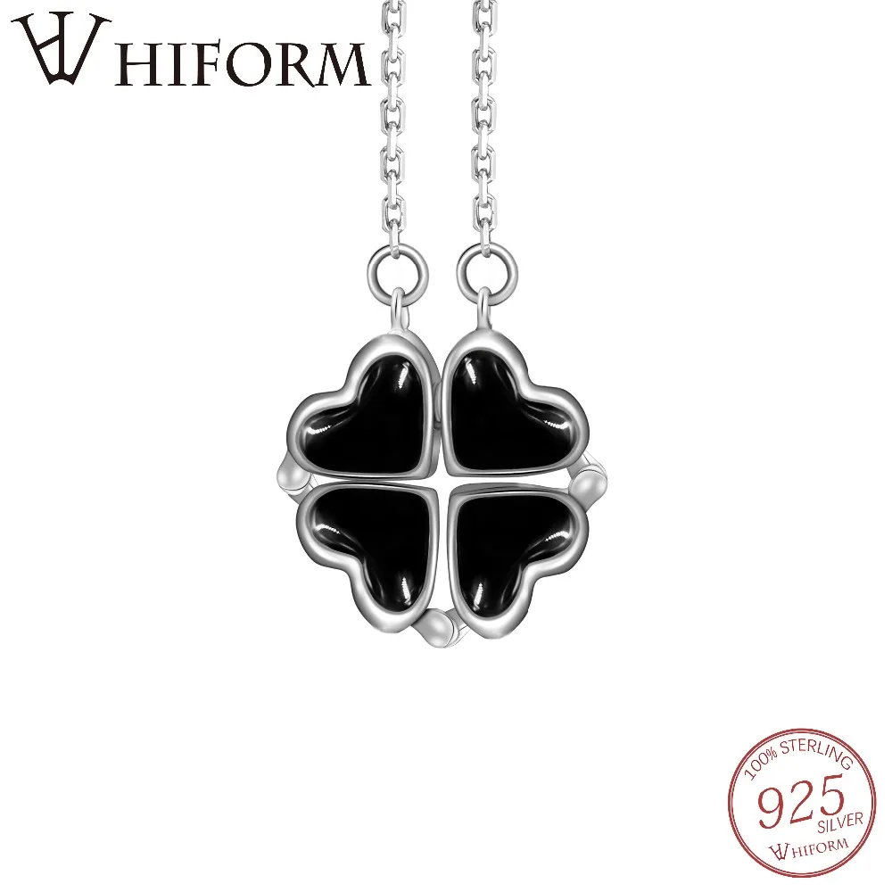 

HIFORM 925 Sterling Silver Heart-Shaped Petals of Love Clover Double Use Necklace Pendant With black stone For Women Jewelry