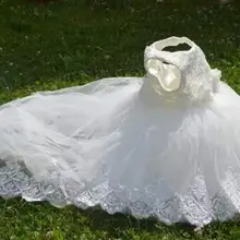 Платье принцессы для девочек с цветочным рисунком для Свадебная вечеринка высокое качество подружки невесты с бантом без рукавов со шлейфом Кружево тюль белый длинный со шлейфом