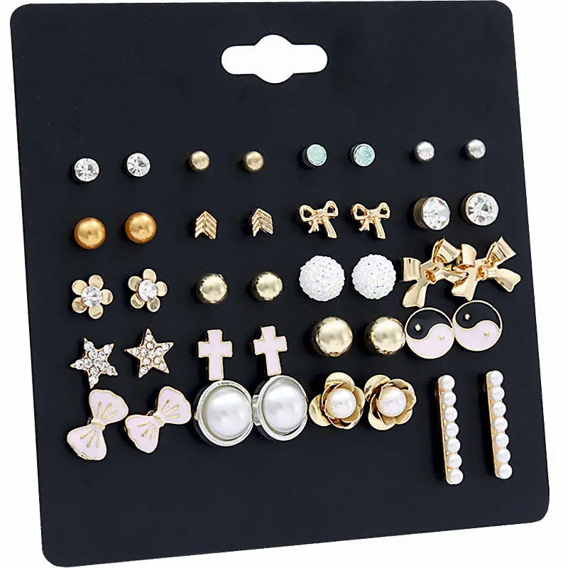 20Pairs/Pack Korea Trendy Simulated-pearl Stud Earrings Set For Women Cute Crystal Heart Enamel Bowknot Pendenties | Украшения и