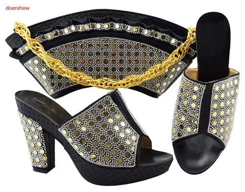 

doershow New Arrival Ladies Italian Shoes and Bag Set Decorated with Rhinestone Italian Shoes with Matching Bag for Womn PFG1-38