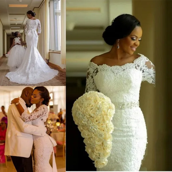

Vintage 2019 Wedding Dresses Mermaid Bridal Gown with Beads Appliques Lace 3/4 Sleeves vestido de noiva African Girl gelinlik