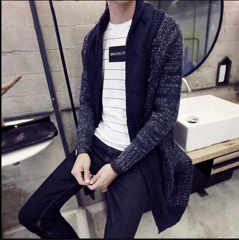 Мужская зимняя одежда кардиган утолщение тонкий средней длины пальто повседневный модный свитер верхняя одежда трикотаж длинные пальто