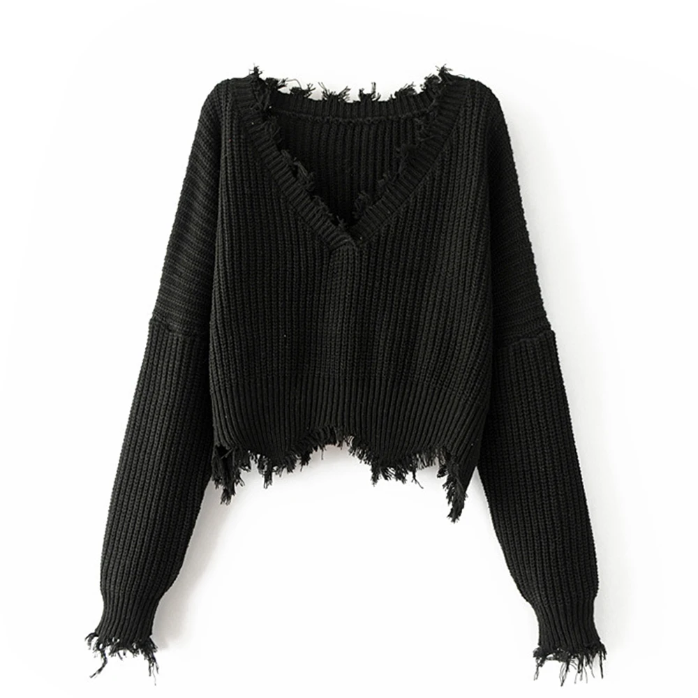 Осенне-зимний женский свитер с v-образным вырезом, однотонный теплый свитер большого размера с длинным рукавом, Повседневный пуловер, свободные вязаные свитера с кисточками