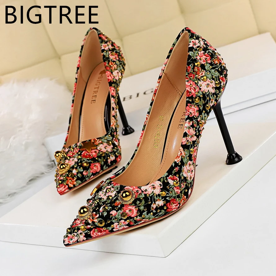 

BIGTREE 2019 High-heeled color matching cloth plaid high-heeled shoes shallow mouth pointed banquet pearl wedding shoes