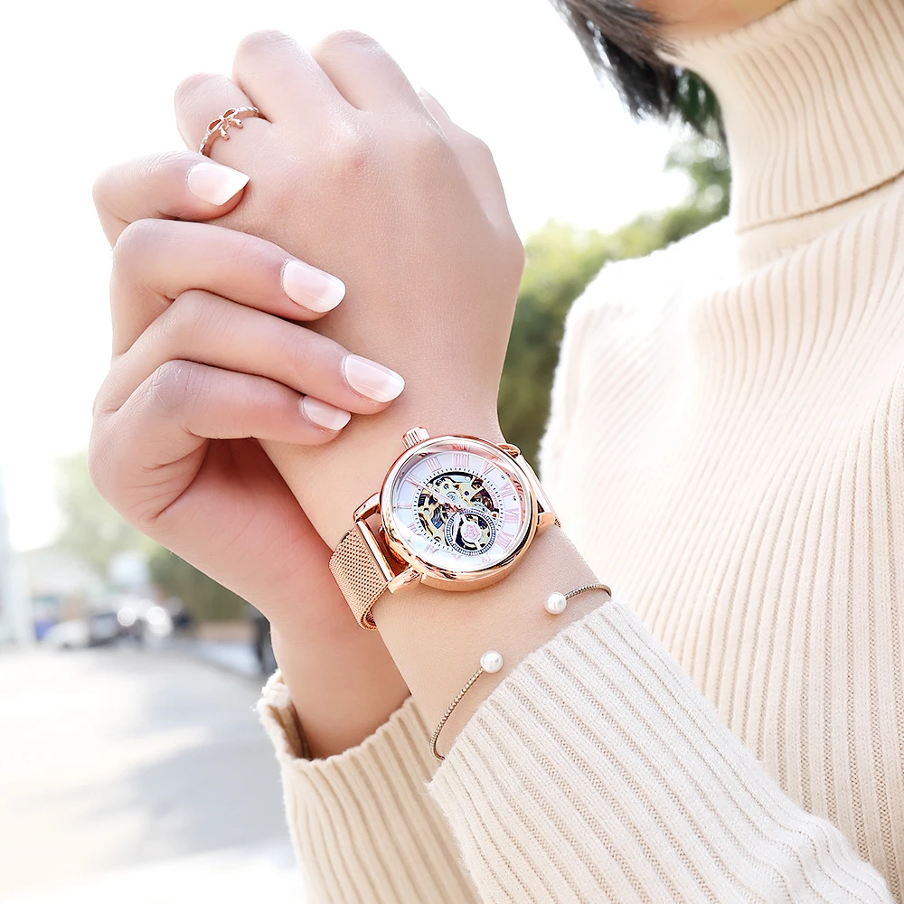 Mechanical Women Bracelet Watch Skeleton Automatic Wristwatch Mesh Stainless Steel Band Female Clock Chic Reloj Mujer ORKINA women watches