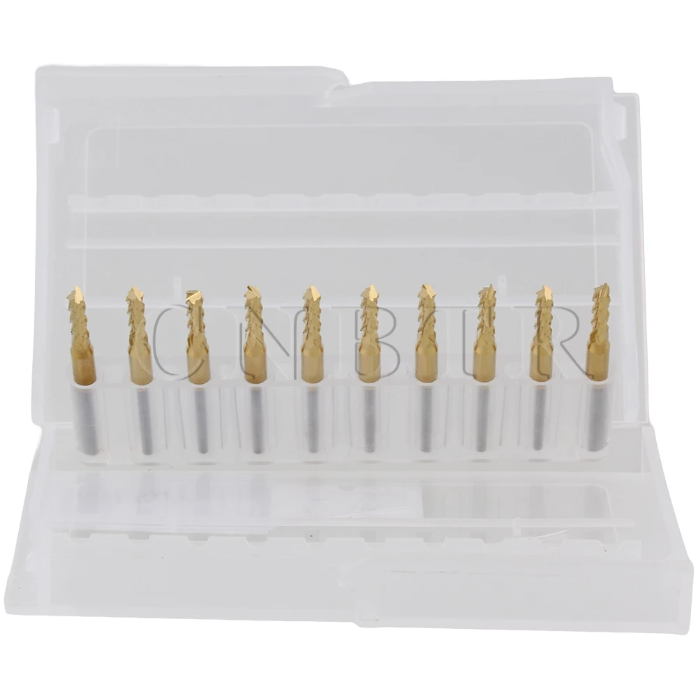 

CNBTR 10pcs 3.175mm Corn Teeth TiN Coated Carbide Milling Cutter Router Drill 2.5mm