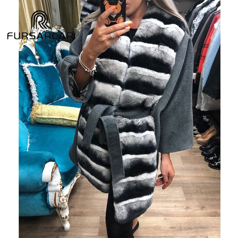 

FURSARCAR Women Natural Real Fur Coat Woolen Skin Fur Coat With Rex Rabbit Fur Collar New Style Top Quality Woolen Fur Coat