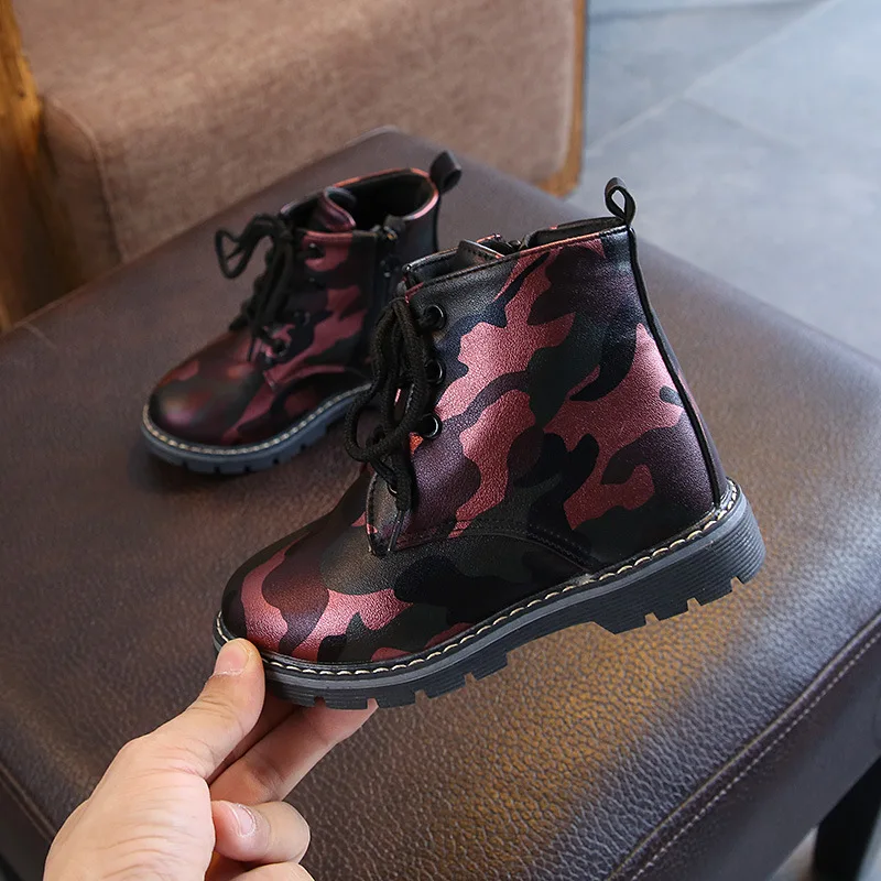 

AFDSWG spring and autumn short low heel black boots boy children school shoes Camouflage martin shoes wine red kids gumboots