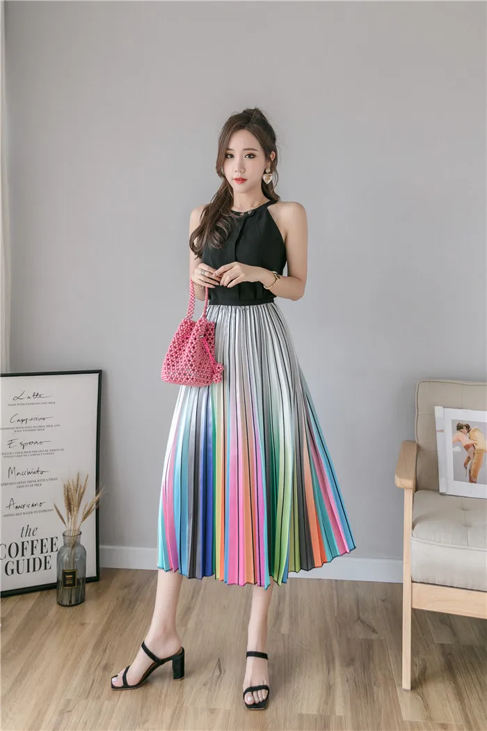 ATKULLQZ high quality factory direct spring summer clothes new rainbow skirt long skirt big swing woman skirt with lining