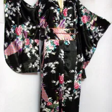 Черное винтажное японское женское шелковое атласное кимоно юката вечернее платье Peafowl один размер H0030