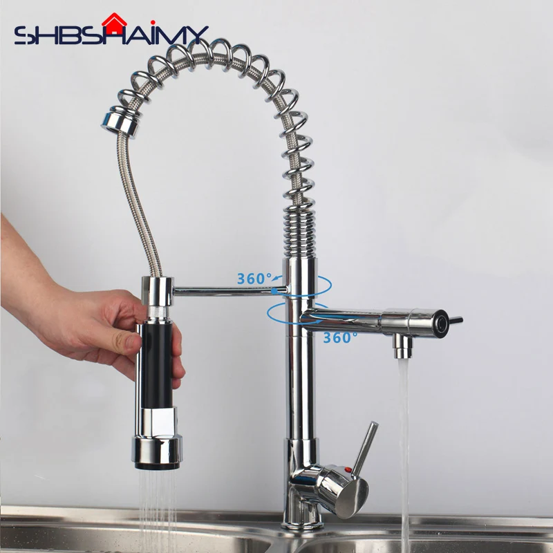 

Chrome Polished Pull Down Kitchen Faucet Dual Spouts 360 direction Shower Kitchen Mixer Crane Hot Cold 2 Outlet Spring Tap (B)