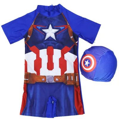 Супергероя принтами для мальчиков купальник детская одежда для плавания, детский ванный комплект цельный Плавание костюм с Бэтменом, купальник в Стиле Человека-паука с Кепки Купальник - Цвет: Captain Ameica