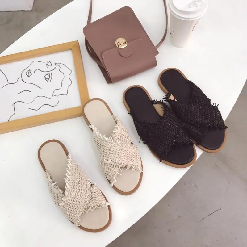 

Summer sandals flat with female tourist beach fashion wear high quality slippers flat cross weave woman shoes