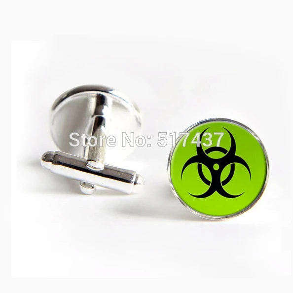 

1 pair wholesale Mens Silver Cufflinks Biohazard Cufflinks Silver Bezel Biohazard Symbol Neon Green Atomic Glass Cufflinks