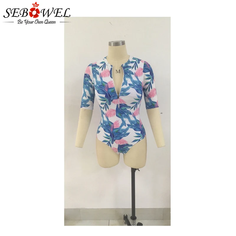 Aleumdr-Summer-Print-Leaves-Zip-Front-Half-Sleeve-Swimwear-Women-One-Piece-Swimwear-Bodysuits-LC410203-Bathing 