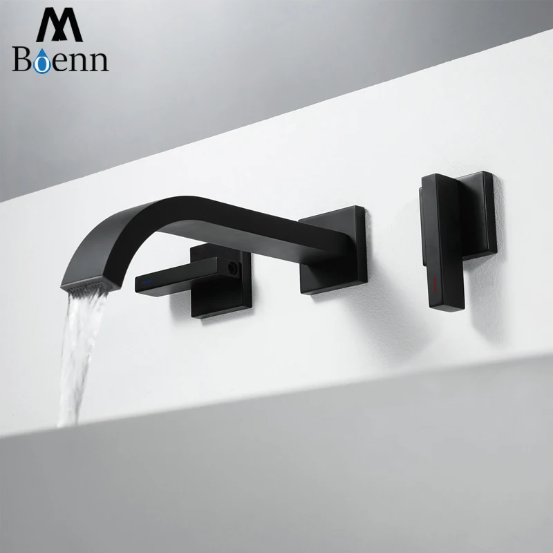 Wall Mounted With Embedded Box Basin Faucets Black Bathroom Sink Taps Chrome Mixer Faucet Brass Double Handles Tap Square