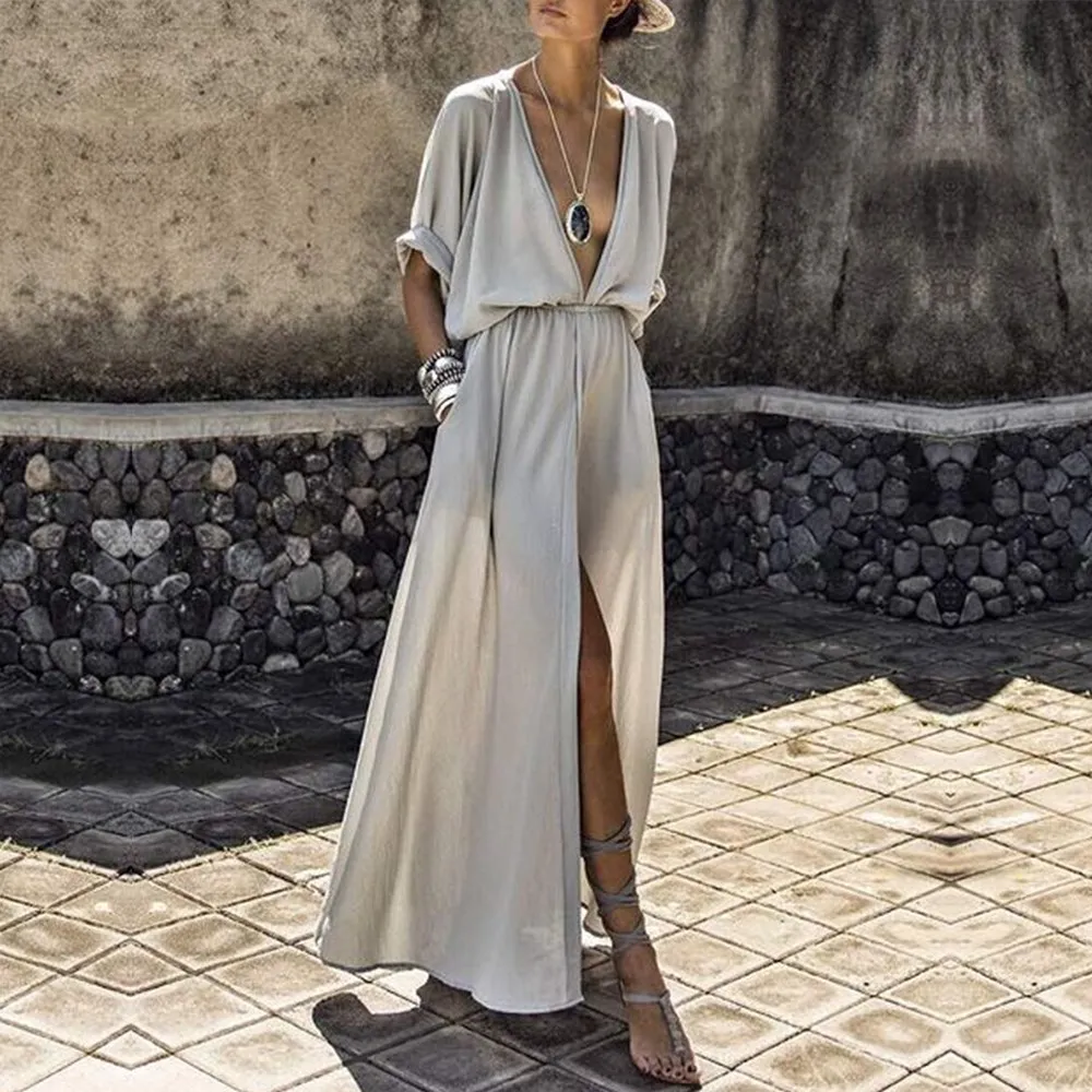 

Women Loose Sexy Deep V-Neck Maxi Dress Summer Batwing Short Sleeve Beach Dresses Casual Pockets Split Dresses