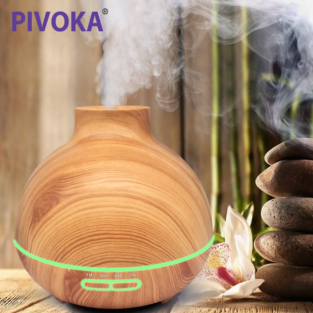 

PIVOKA 400ml Aroma Diffuser with Essential Oil Diffuser Wood Grain Air Ultrasonic USB Night Light humidificador for Home 011