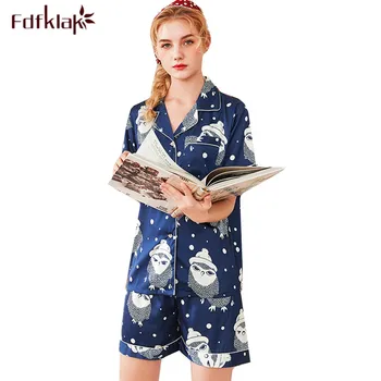

Fdfklak Casual cartoon print pyjamas women short sleeve silk satin sleepwear pijamas women summer nightwear female pajamas set