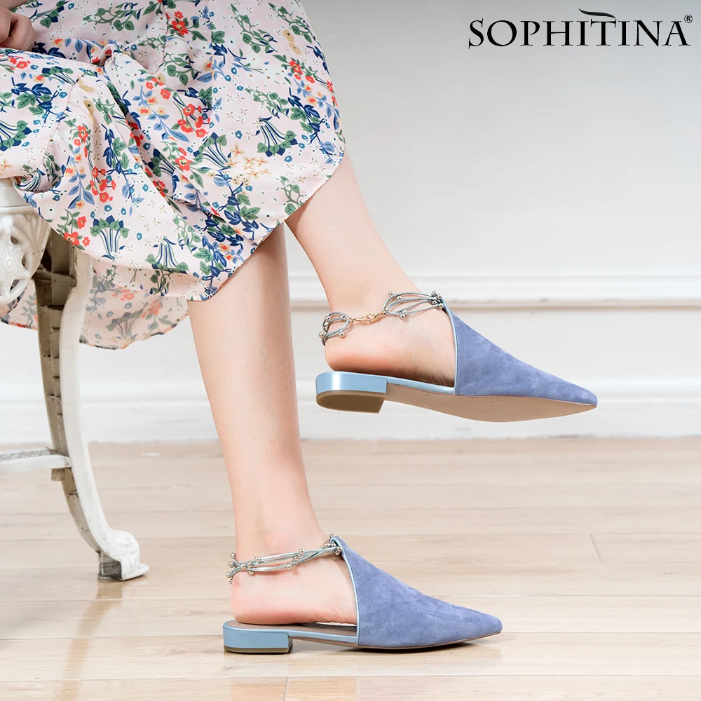 Kopen Sophitina Echt Lederen Flats Nieuwe Enkelband Puntschoen Comfortabele Lady Casual Schoenen Luxe Handgemaakte Muilezels Roze Flats P101
