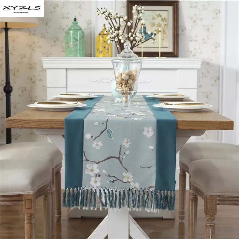 

Pastoral Style Table Runner Floral Pattern Home Party Wedding Decor Crafts Polyester Cotton Table Flag With Tassels 1 Piece