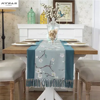 

Pastoral Style Table Runner Floral Pattern Home Party Wedding Decor Crafts Polyester Cotton Table Flag With Tassels 1 Piece