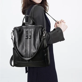 

New Korean Casual Fashion Laptop Backpack Women Black Soft Leather Multi-Function Shoulder Bag Women Backpack Mochila Feminina