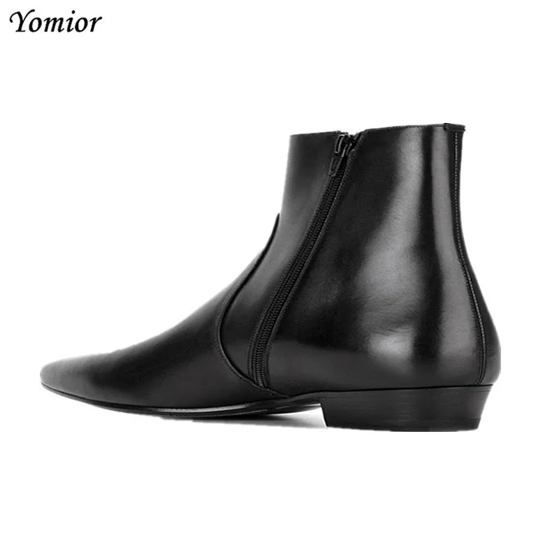 Men's Pointed Toe Chelsea Boots Genuine Cow Leather Male Ankle Boots Slip-On Casual Dress Business Spring Winter Man Shoes