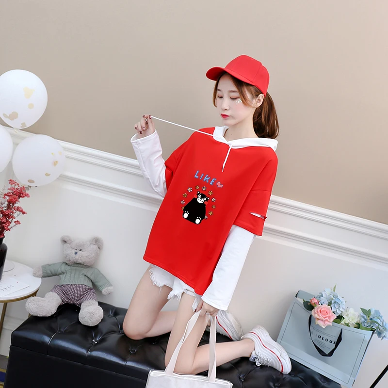 

2018 Cotton Lovely Kumamon Print T Shirt Women Autumn Long Sleeve Splicing Hooded Tshirt Casual Multicolor Harajuku Kawaii Shirt