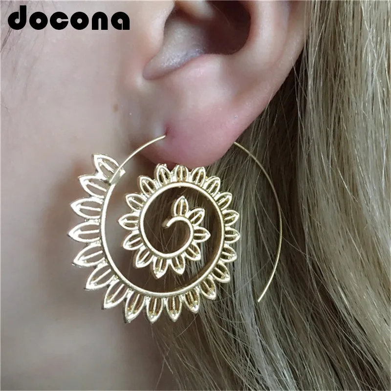 

docona Trendy Spiral Piercing Dangle Earrings Women Punk Gear Gold Sliver Round Leaves Drop Earring Party Jewelry 4510