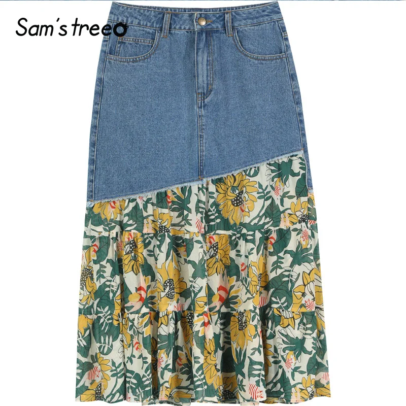 Sam's Tree, женские джинсовые юбки в стиле пэчворк, летние,, прямые, офисные, женские, длинные, джинсовые юбки, дизайн, юбки-карандаш, плиссированные юбки