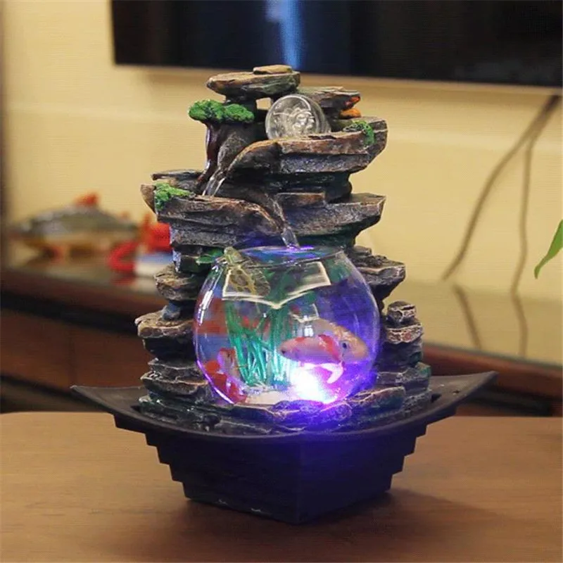 Resin Water Fountains Feng Shui Wheel Fish Tank LED Light Ball Home Office Tabletop Water Fountain Figurines Decoration