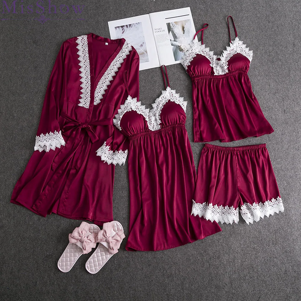 

2019 Satin Sleepwear with Chest Pads Sexy Women Pajamas Sets Lace Slik Sleep Lounge 4 Pieces Sets Elegant Home Wear nightwear