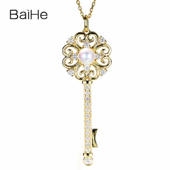 شراءBAIHE الصلبة 18K الذهب الأصفر 5-5.5 مللي متر الجولة قص لؤلؤ مستزرع في الماء العذب المشاركة غرامة مجوهرات هدية لؤلؤة جميلة مفتاح قلادة