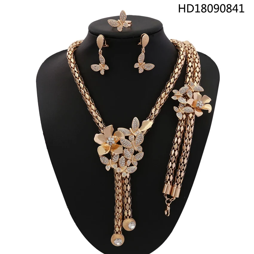 

YULAILI African Beads Rhinestone Jewelry Set Fashion Wedding Women Gold-color Necklace Bracelet Earrings Ring Accessories