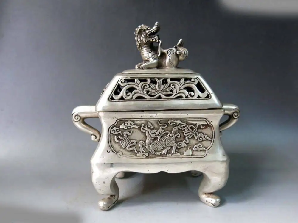 

8" China silver carved fine Foo Dogs Lion Unicorn Incense burner censer Statue