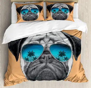 

Pug Duvet Cover Set Queen Size Dog with Reflecting Aviators Palm Trees Tropical Environment Cool Pet Animal Decorative 4 Piece