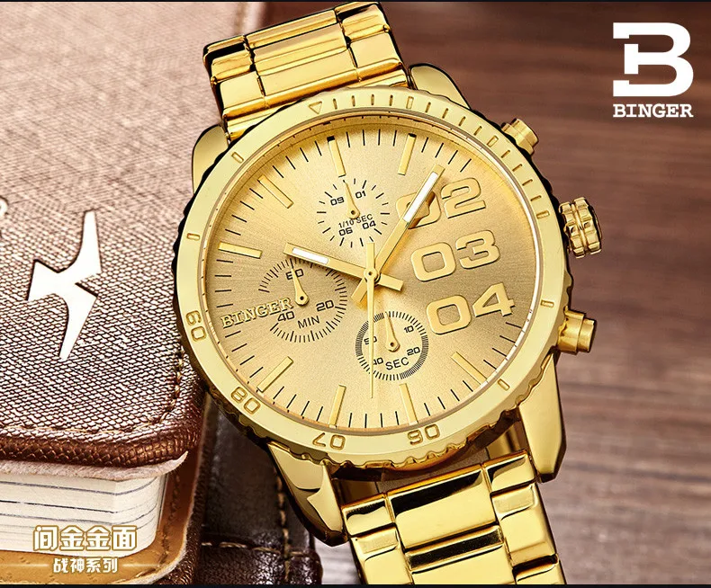 Швейцарские BINGER часы мужские люксовый бренд Кварцевые водонепроницаемые хронограф секундомер часы кожаный ремешок наручные B9007-5