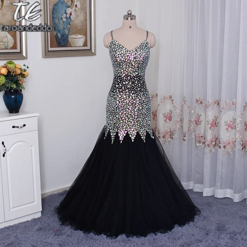 Black Mermaid Rhinestones Beading Prom Dress Spaghetti Straps Open Back ...