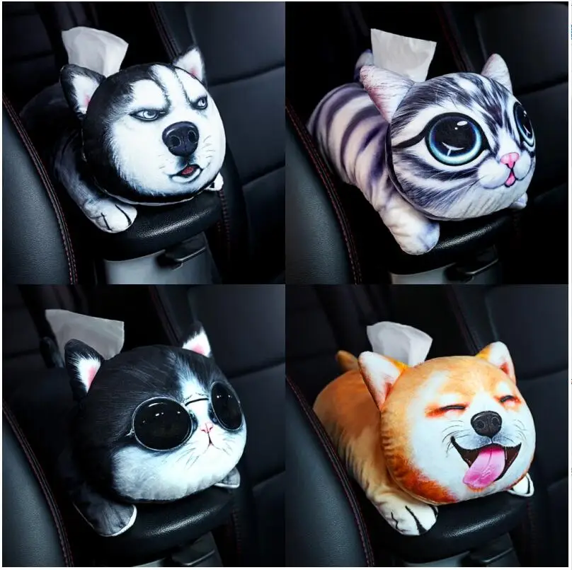 

1pc 31cm simulation printing cool cat dog hanging plush armrest box paper towel case Vehicle tissue stuffed toy gift