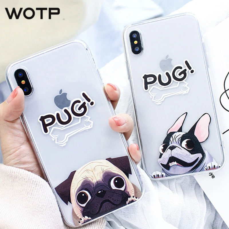 WOTP Cute Cartoon Animal PUG Dog Couples Phone Case For iphone 6 6S 7 8 Plus Fashion Soft TPU Funny Clear Back Cover Capa Fundas |