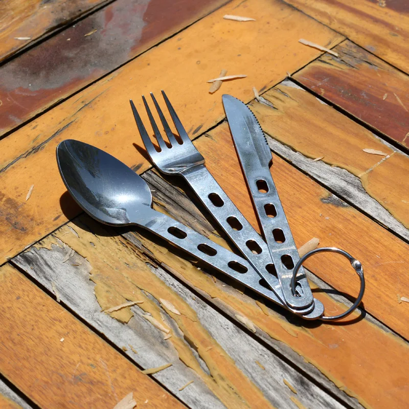 QingGear portátil Camping senderismo cubertería conjunto tenedor cuchara cuchillo con anillo Picnic vajilla utensilios con bolsa de nylon