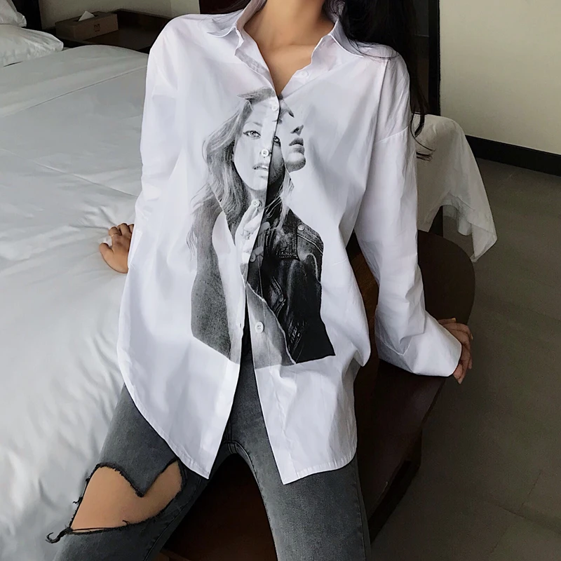 

New spring casual fashion harajuku punk England style 3D printed ladies blouses women female long sleeve stand collar shirts