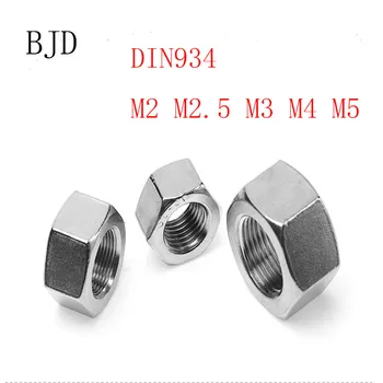 

100pcs/lot Metric thread DIN934 M2 M2.5 M3 M4 M5 304 Stainless Steel Hex Nuts