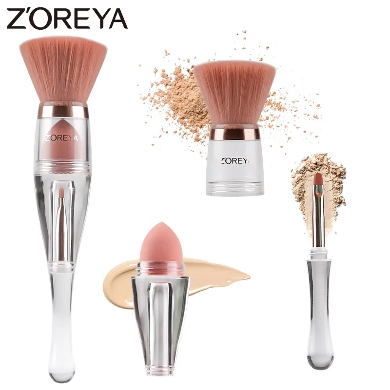 Zoreya бренд 3 в 1 кисти для макияжа лица с крышкой мягкие синтетические волосы тени для век Губка плоская контурная кисть основа косметические инструменты