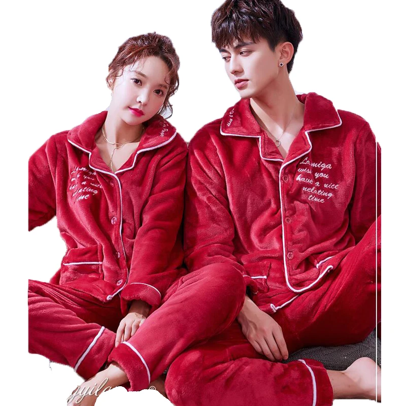 

Cute Couple Pajama Sets Winter Thick Warm Coral Fleece Long Sleeve Tops And Pants Sleepwear Two Piece Set Pyjama Suit Loungewear