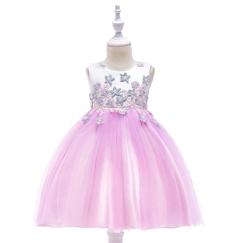 Retail Children Girl Appliques Party Dresses Kids Flower Formal Girl Knee-Length Dress Girl Wedding Dress For 3-8 Years L5024