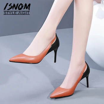 

ISNOM Thin High Heels Women Pumps Pointed Toe Footwear Genuine Leather Female Shoes Fashion Spring 2019 New Shallolw Shoes Woman
